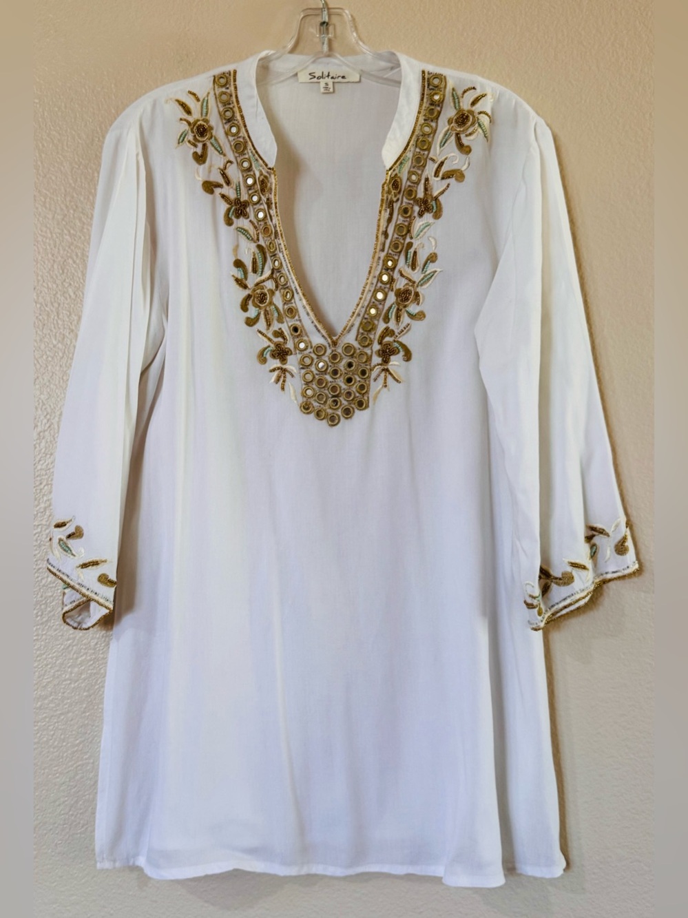 Solitaire Embroidered Mirror Sequin V Neck Tunic Blouse Top White Gold Sz S